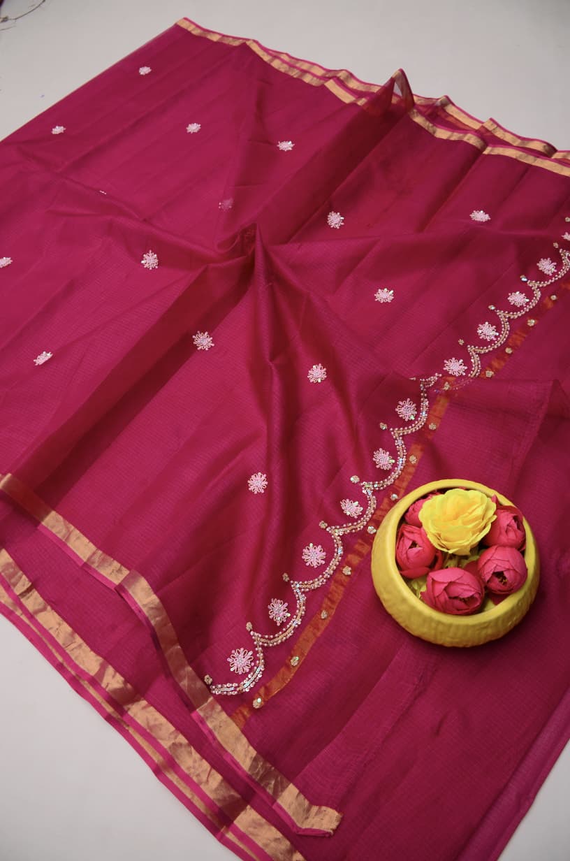 Pure Silk Kota Doria Hand Work Saree