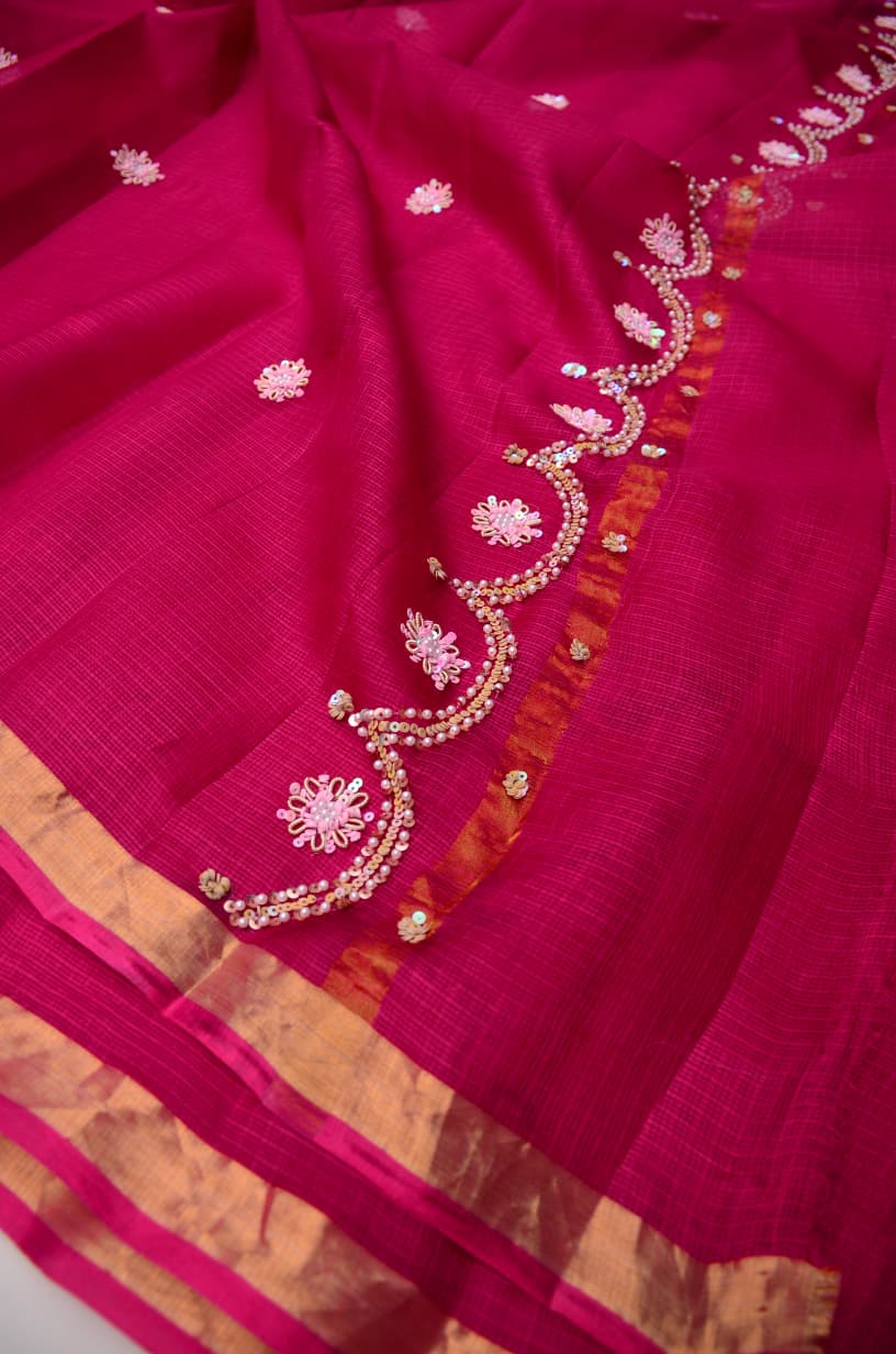 Pure Silk Kota Doria Hand Work Saree