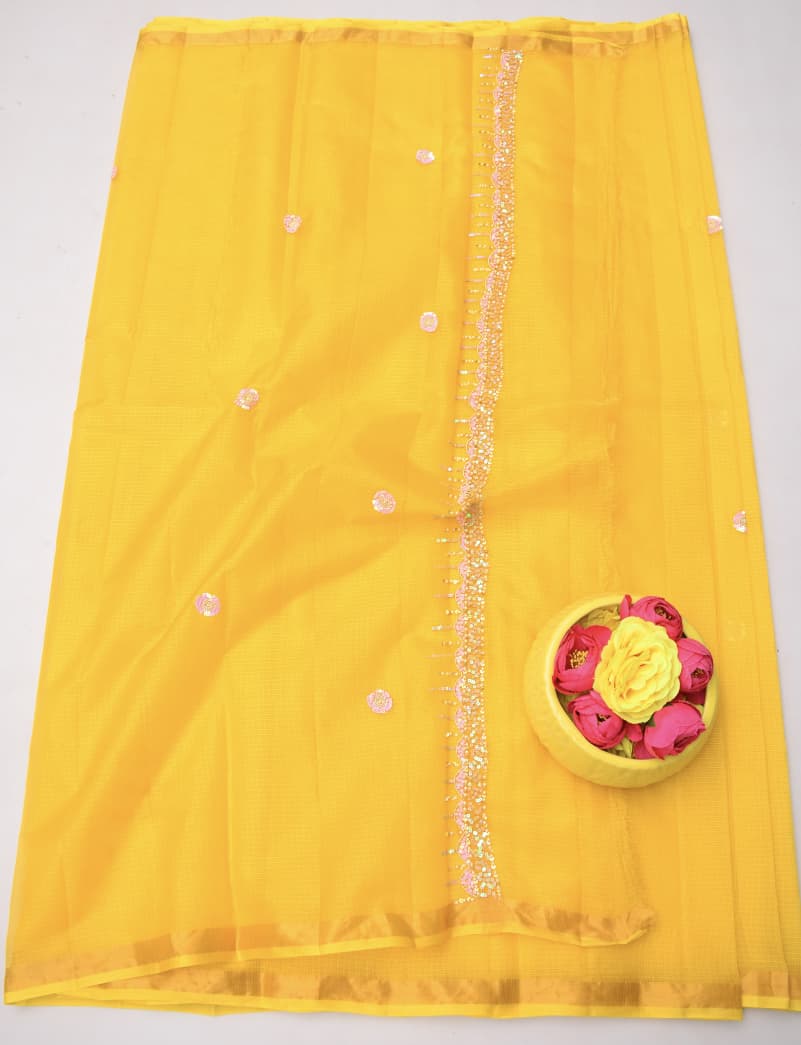 Pure Silk Kota Doria Hand Work Saree