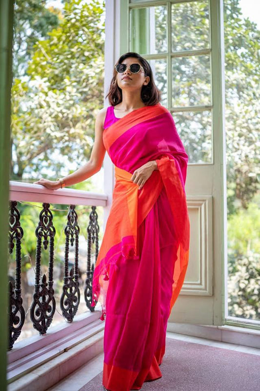 Pink and Orange Mulmul Cotton Saree