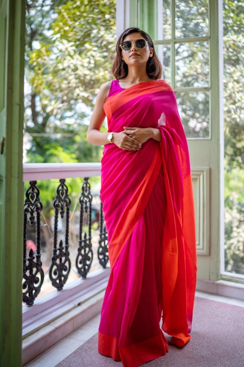 Pink and Orange Mulmul Cotton Saree