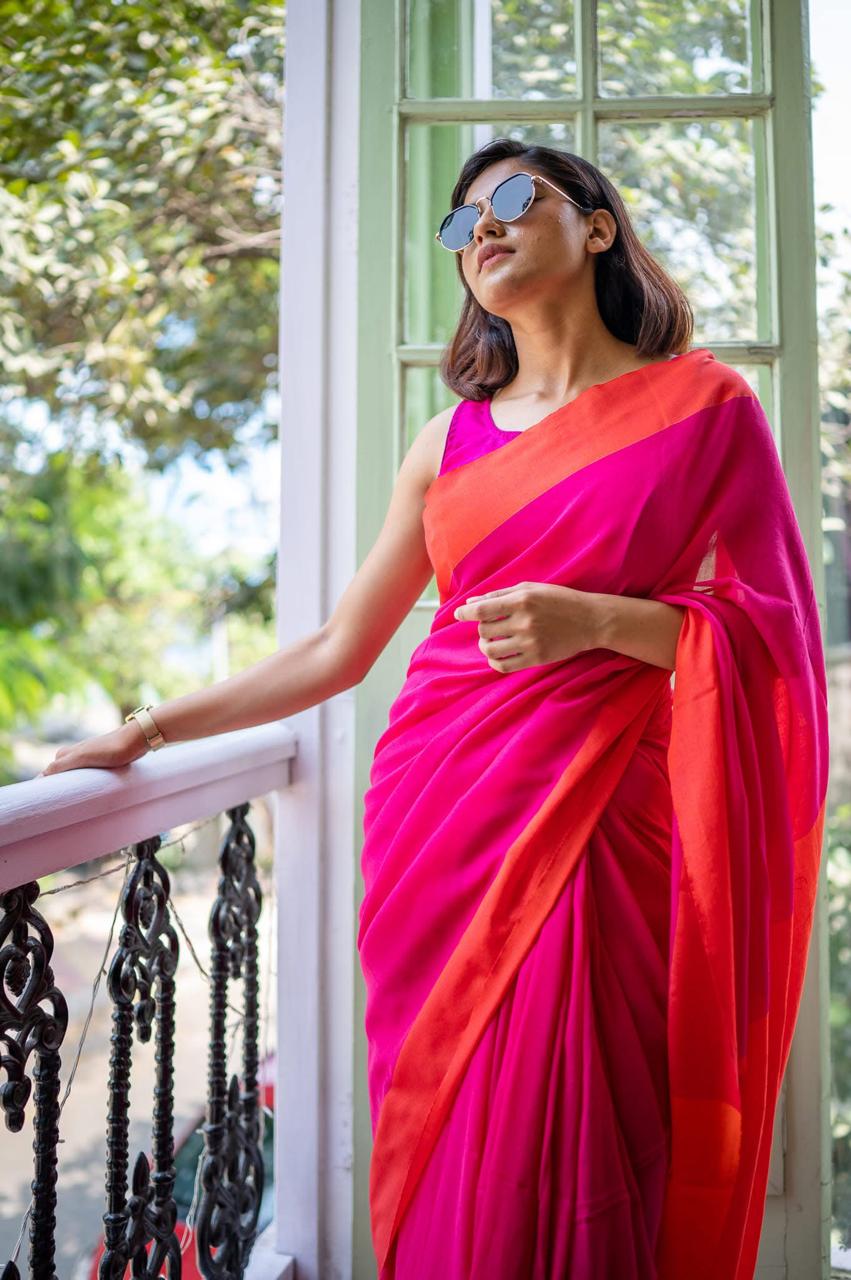 Pink and Orange Mulmul Cotton Saree
