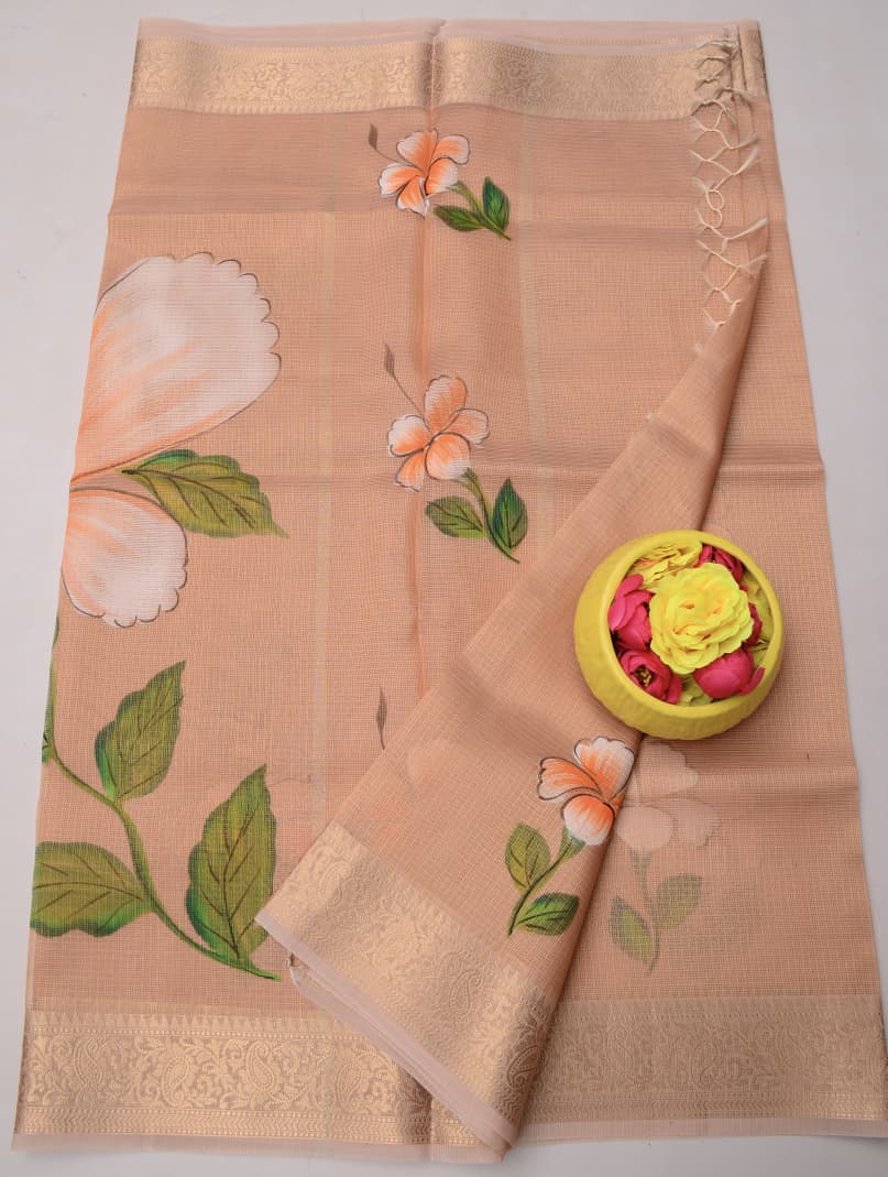 Kota Doria Semi Silk Hand Painted Saree