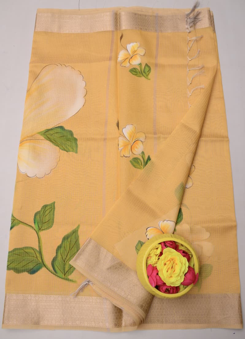 Kota Doria Semi Silk Hand Painted Saree