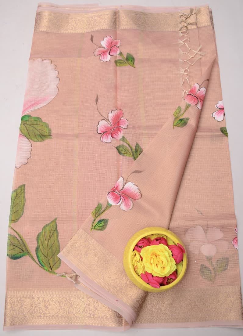 Kota Doria Semi Silk Hand Painted Saree