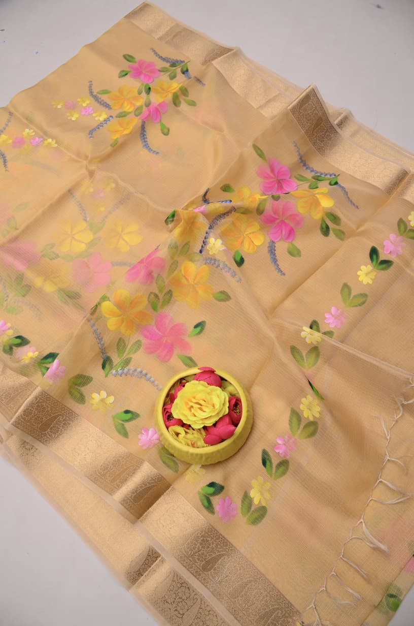 Kota Doria Semi Silk Hand Painted Saree