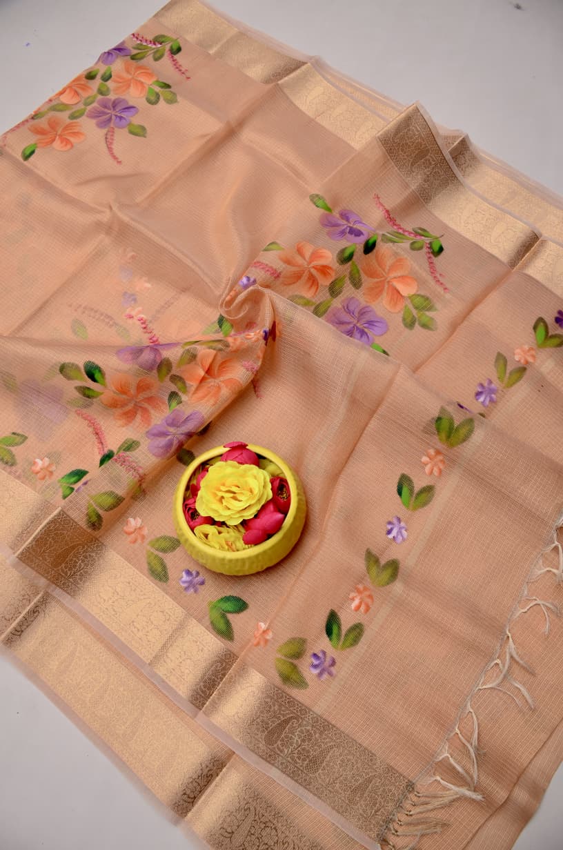 Kota Doria Semi Silk Hand Painted Saree