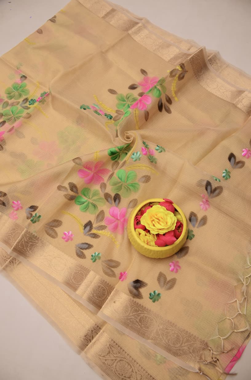 Kota Doria Semi Silk Hand Painted Saree