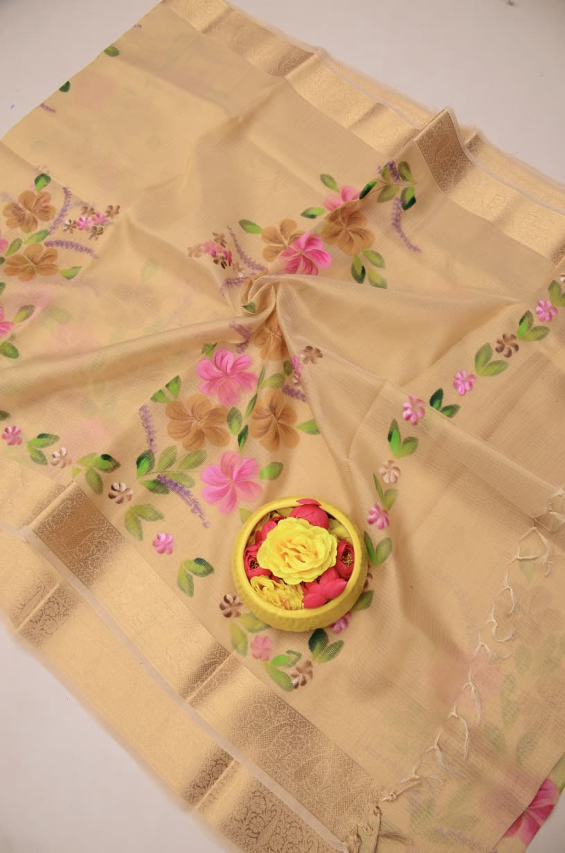 Kota Doria Semi Silk Hand Painted Saree