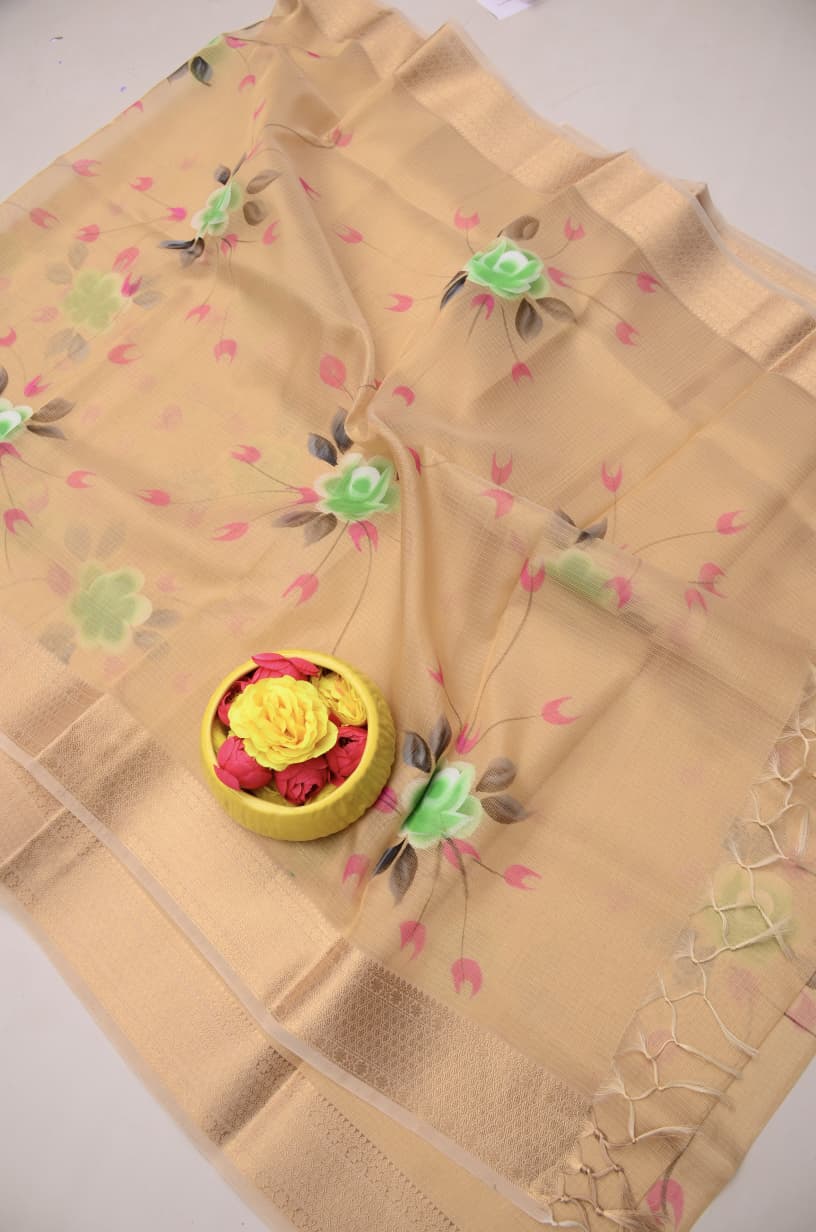 Kota Doria Semi Silk Hand Painted Saree