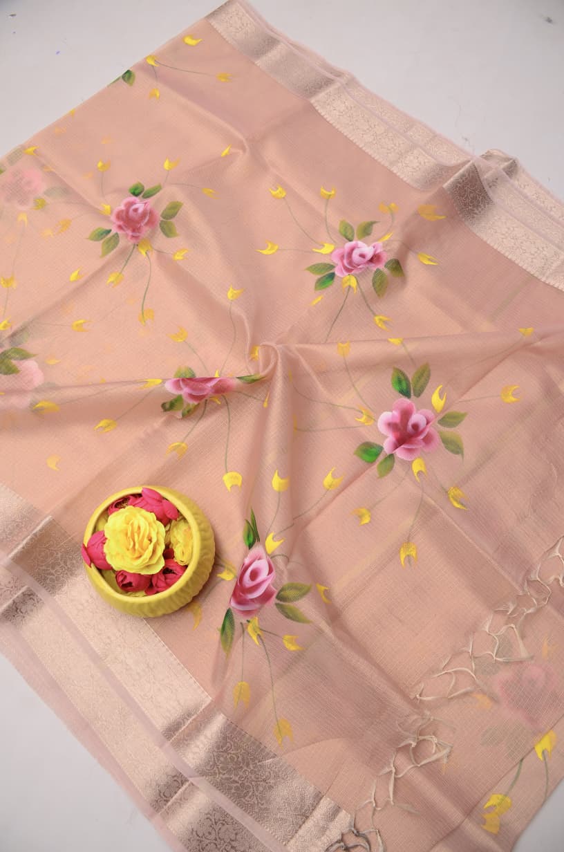 Kota Doria Semi Silk Hand Painted Saree
