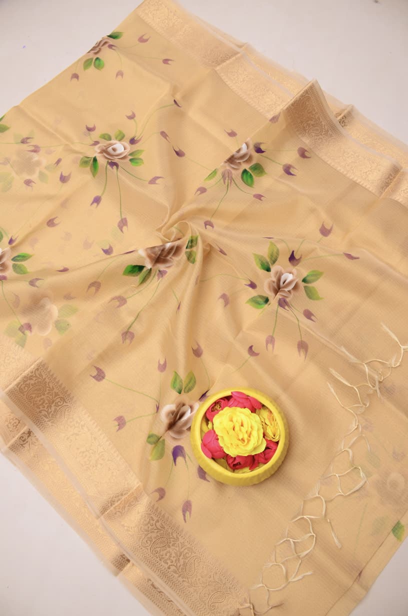 Kota Doria Semi Silk Hand Painted Saree