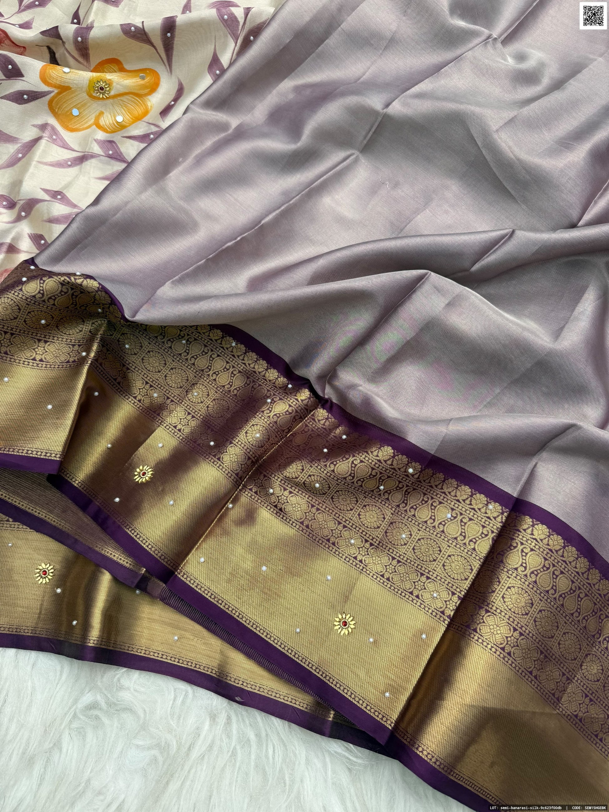 Hand Printed Tissue Bridal Saree with Mirror & Lace Work