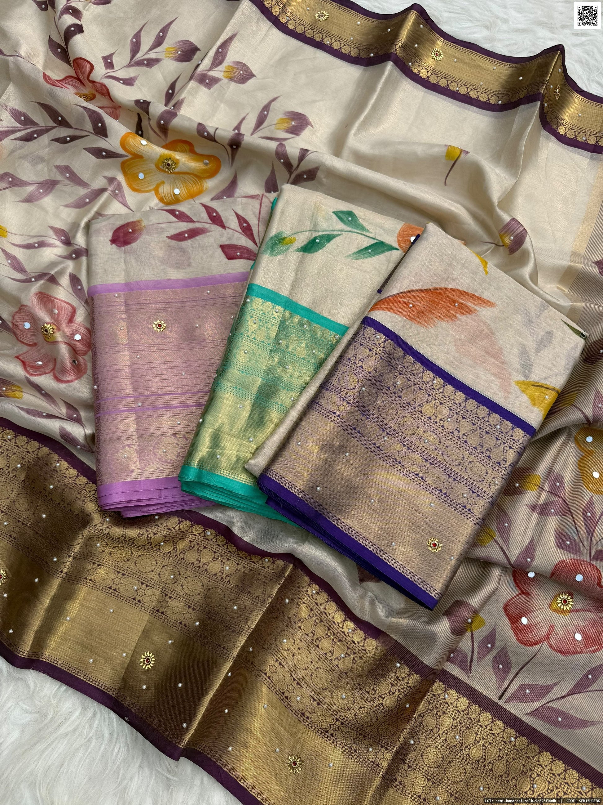 Hand Printed Tissue Bridal Saree with Mirror & Lace Work