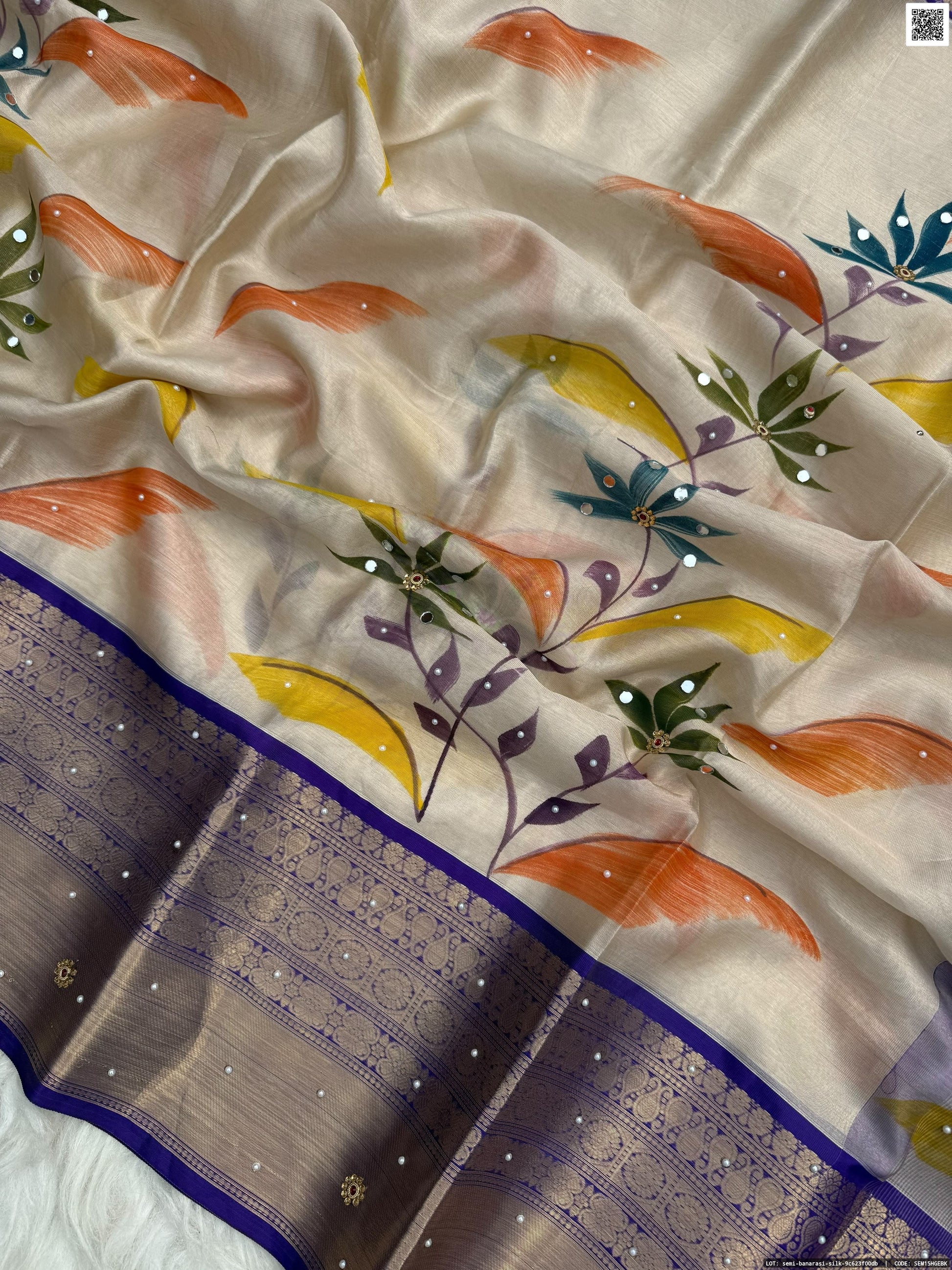 Hand Printed Tissue Bridal Saree with Mirror & Lace Work