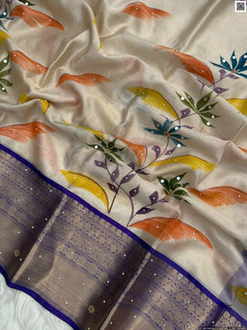 Hand Printed Tissue Bridal Saree with Mirror & Lace Work