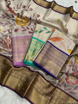 Hand Printed Tissue Bridal Saree with Mirror & Lace Work