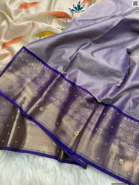 Hand Printed Tissue Bridal Saree with Mirror & Lace Work