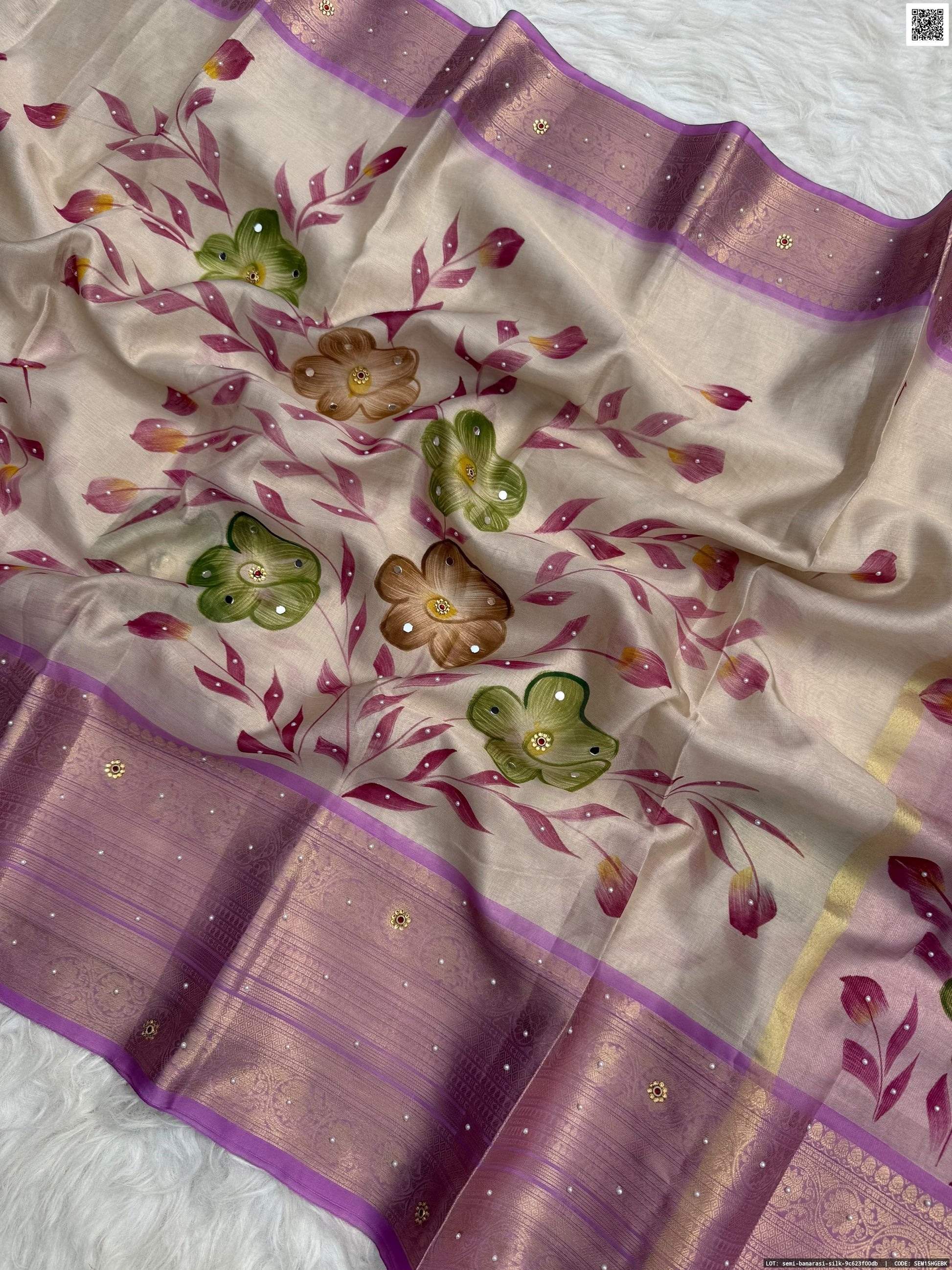 Hand Printed Tissue Bridal Saree with Mirror & Lace Work