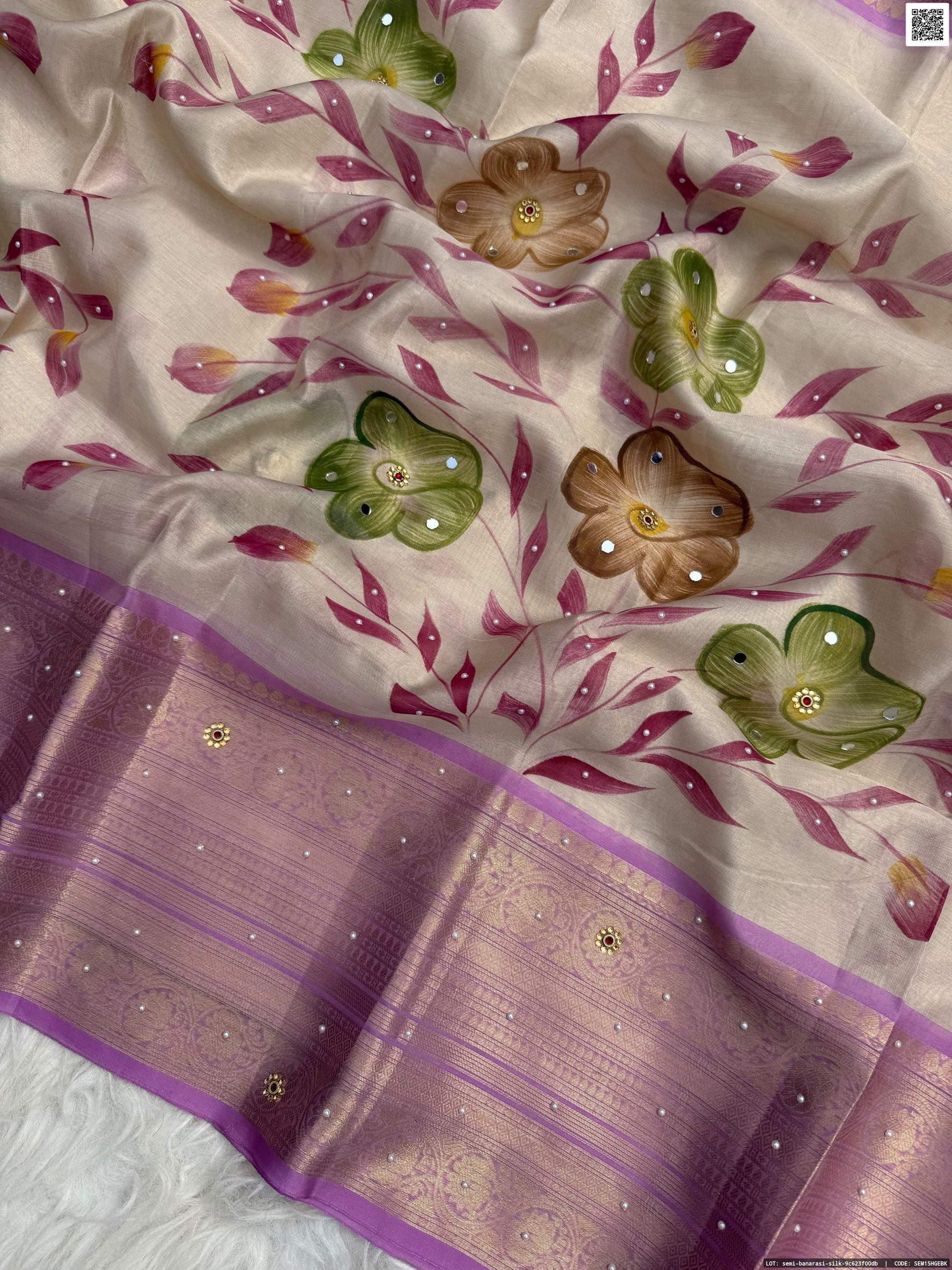 Hand Printed Tissue Bridal Saree with Mirror & Lace Work