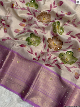 Hand Printed Tissue Bridal Saree with Mirror & Lace Work