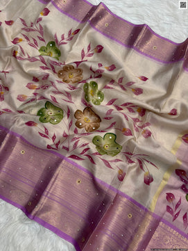 Hand Printed Tissue Bridal Saree with Mirror & Lace Work