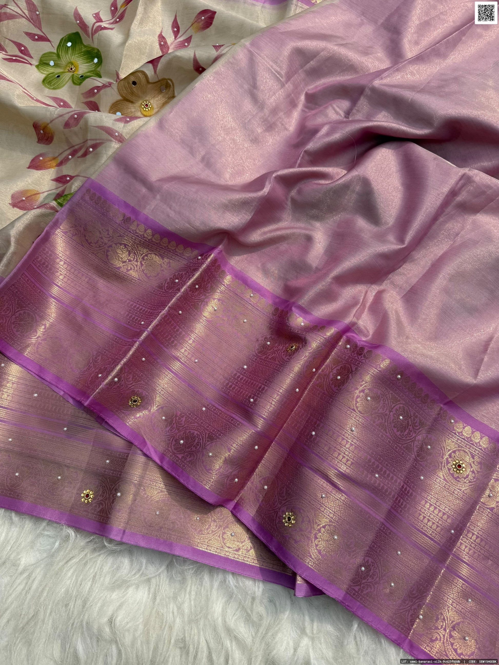 Hand Printed Tissue Bridal Saree with Mirror & Lace Work