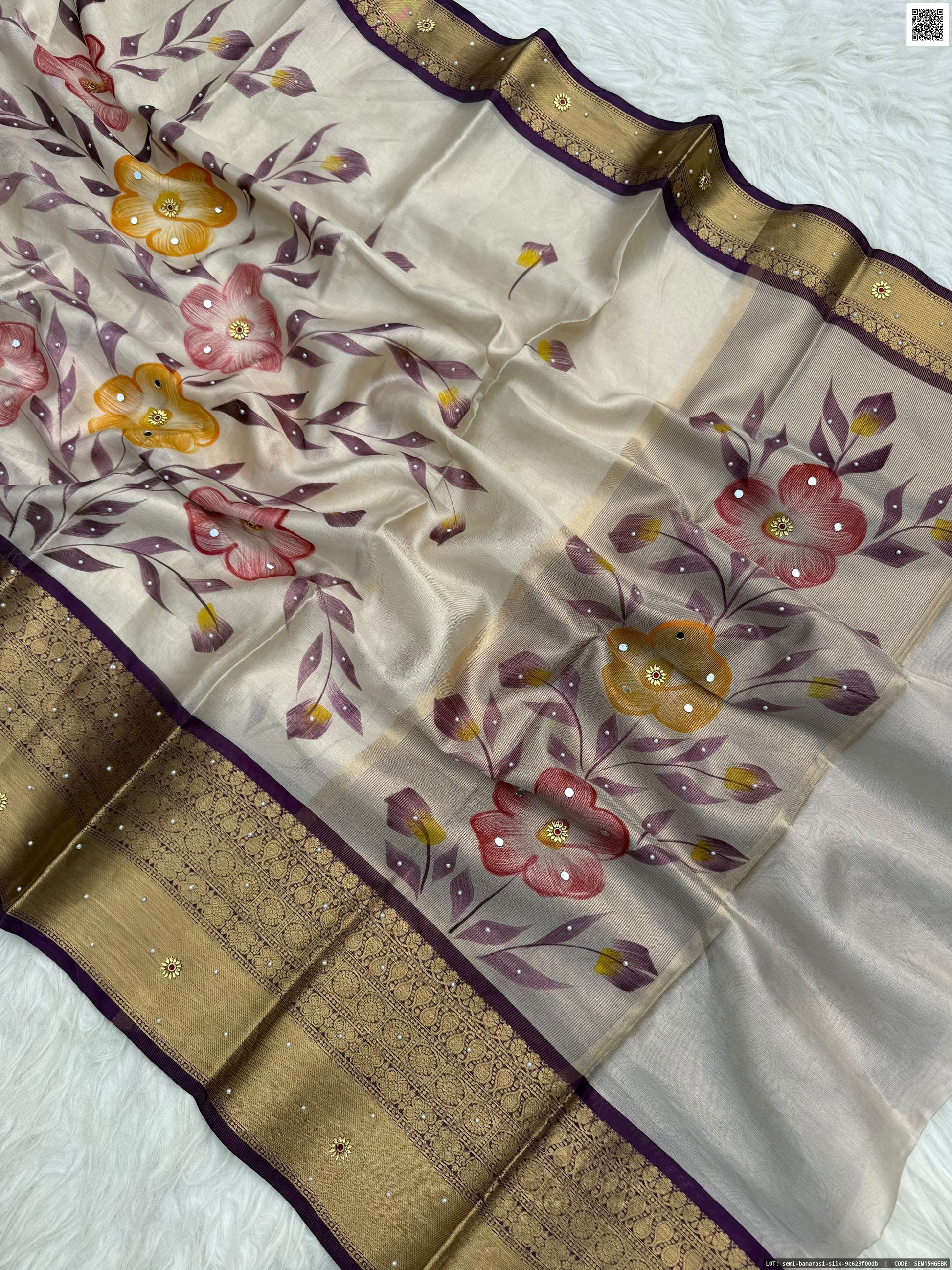 Hand Printed Tissue Bridal Saree with Mirror & Lace Work
