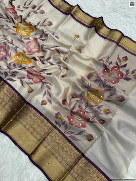 Hand Printed Tissue Bridal Saree with Mirror & Lace Work