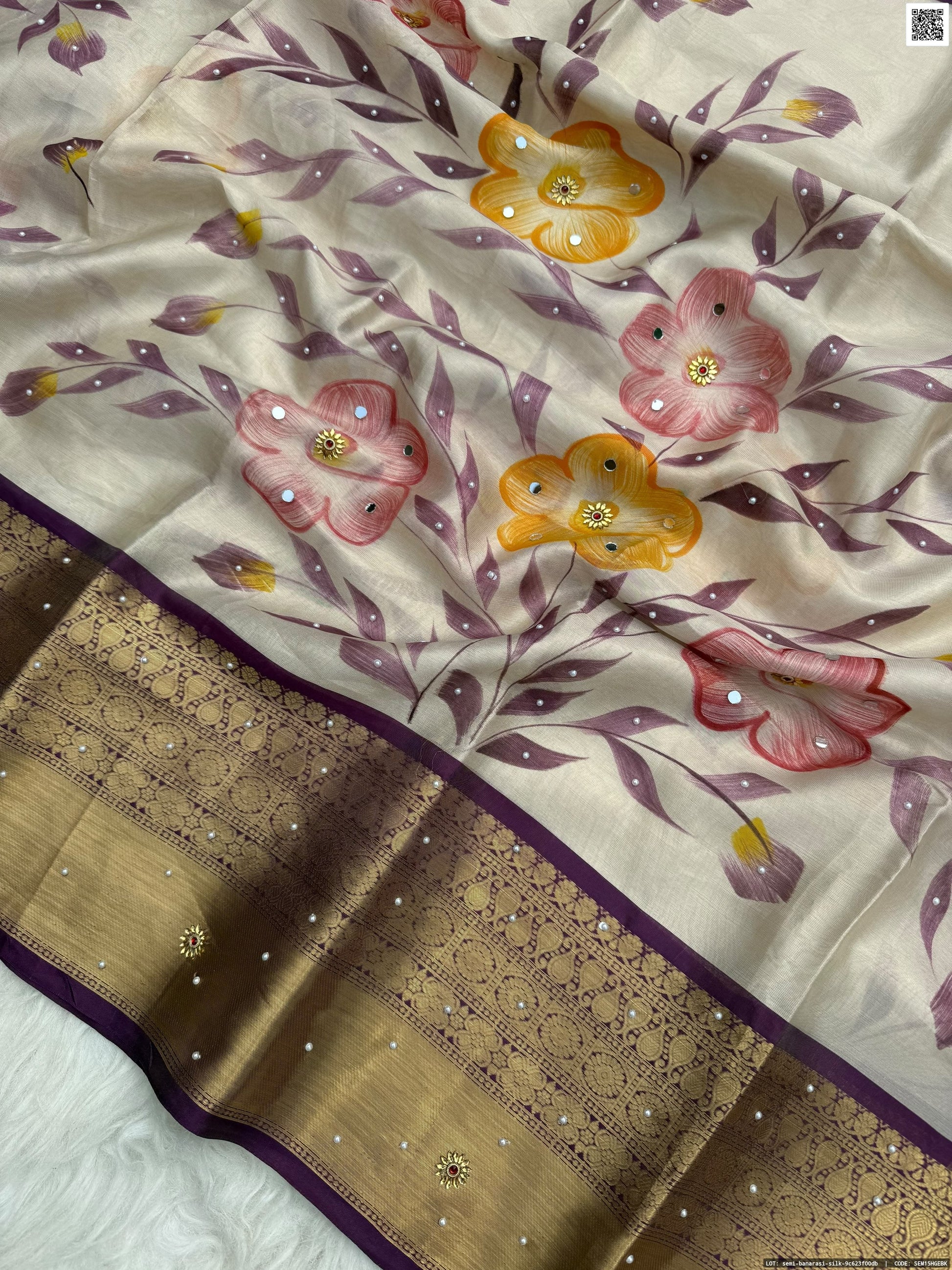 Hand Printed Tissue Bridal Saree with Mirror & Lace Work