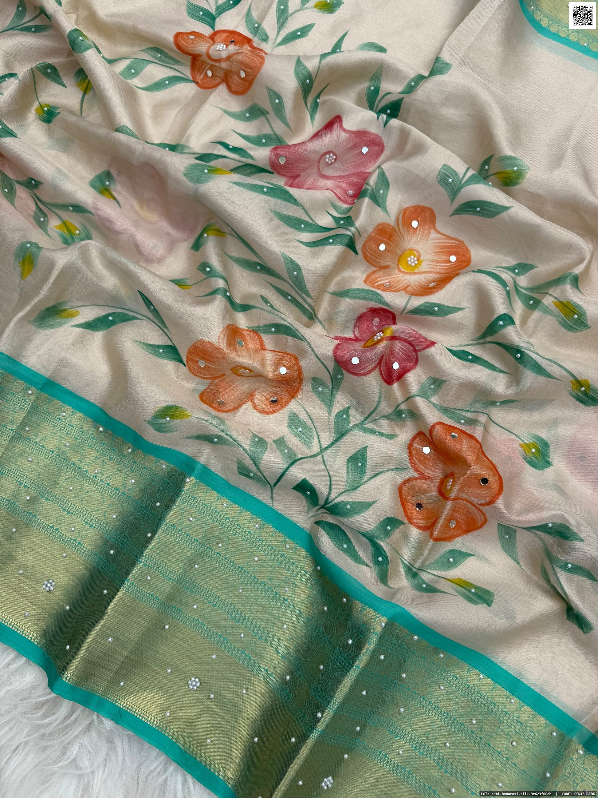 Hand Printed Tissue Bridal Saree with Mirror & Lace Work