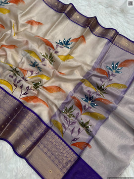 Hand Printed Tissue Bridal Saree with Mirror & Lace Work