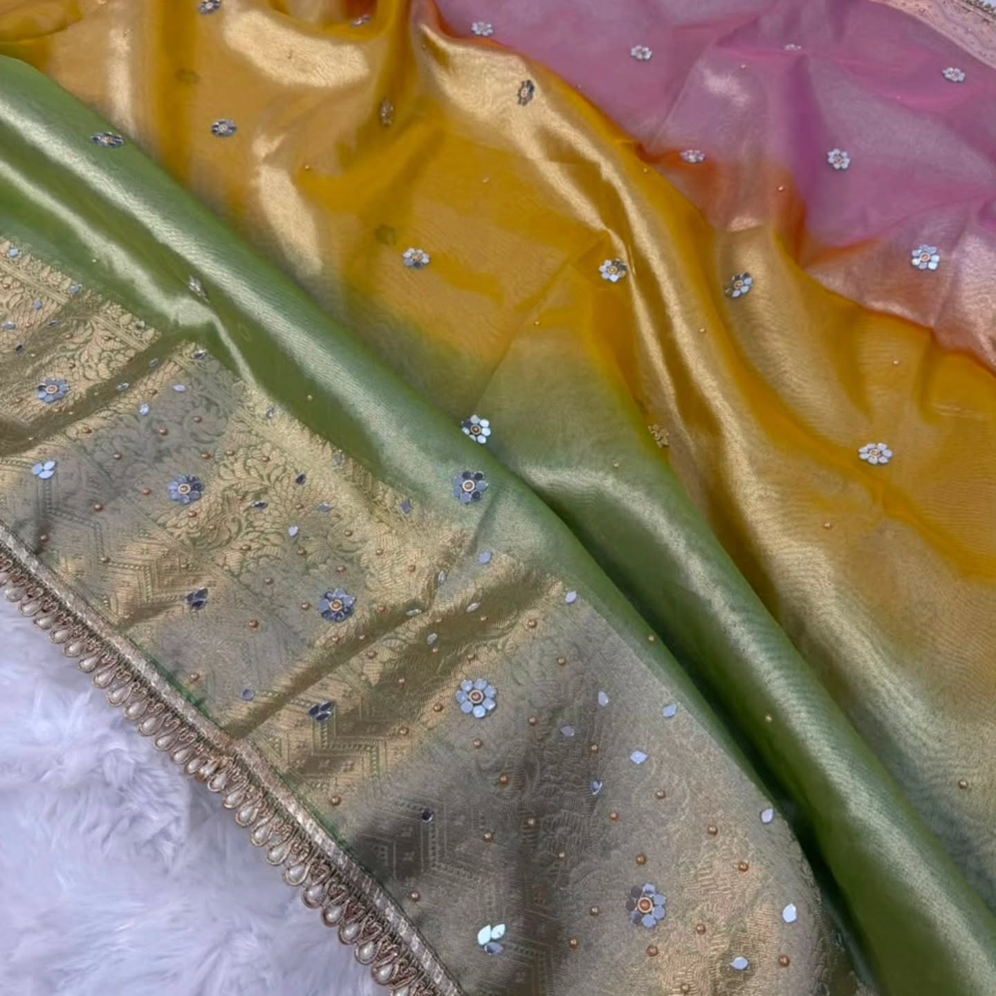 Exclusive Bridal Colorful Tissue Saree with Stone Work