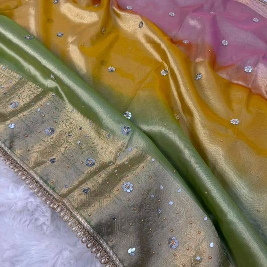 Exclusive Bridal Colorful Tissue Saree with Stone Work