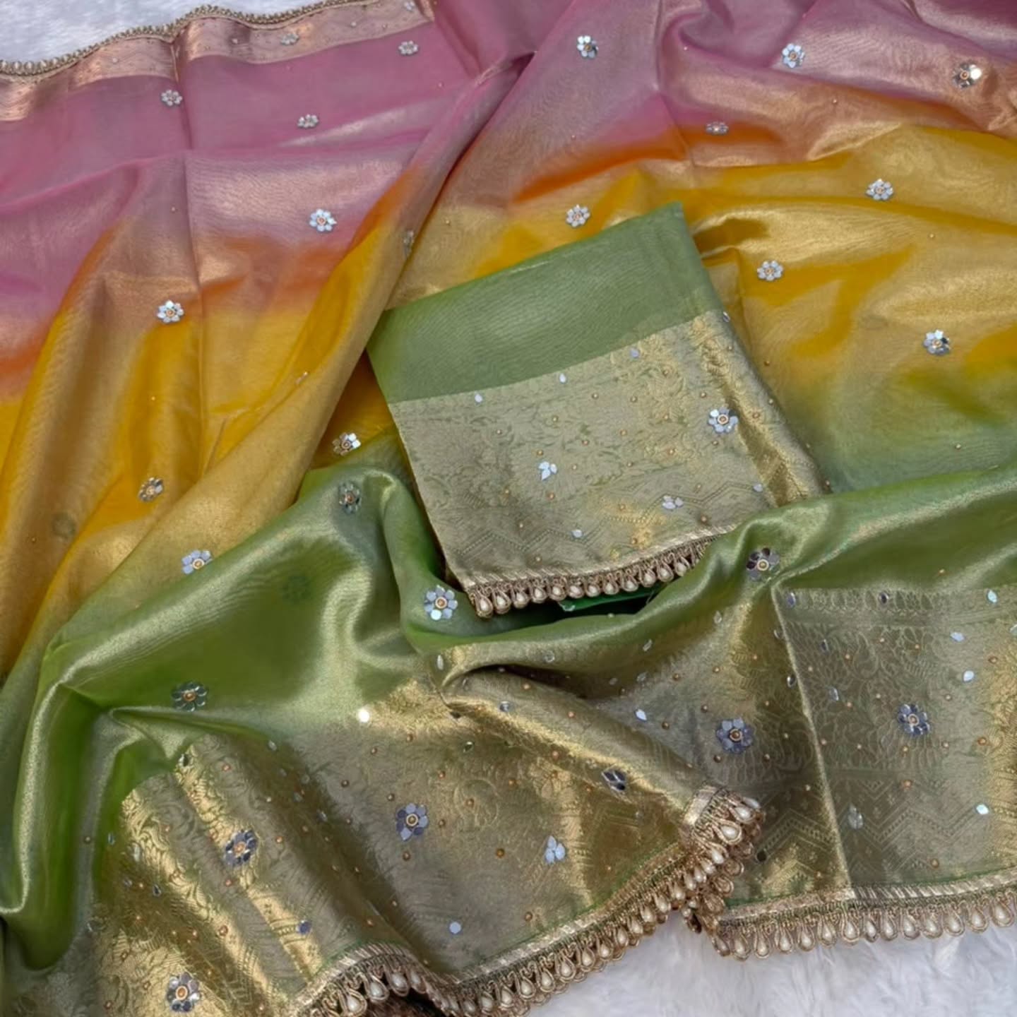 Exclusive Bridal Colorful Tissue Saree with Stone Work