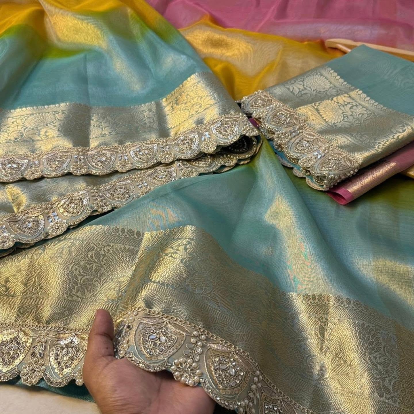Bridal Colorful Tissue Saree with Stone Work