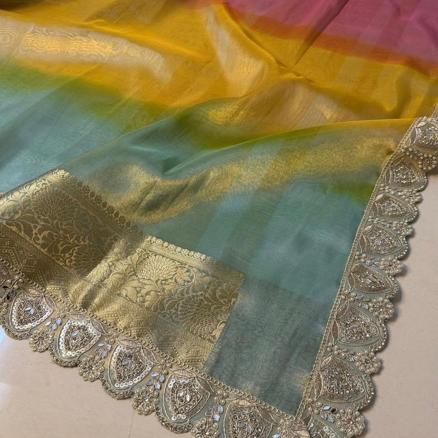 Bridal Colorful Tissue Saree with Stone Work