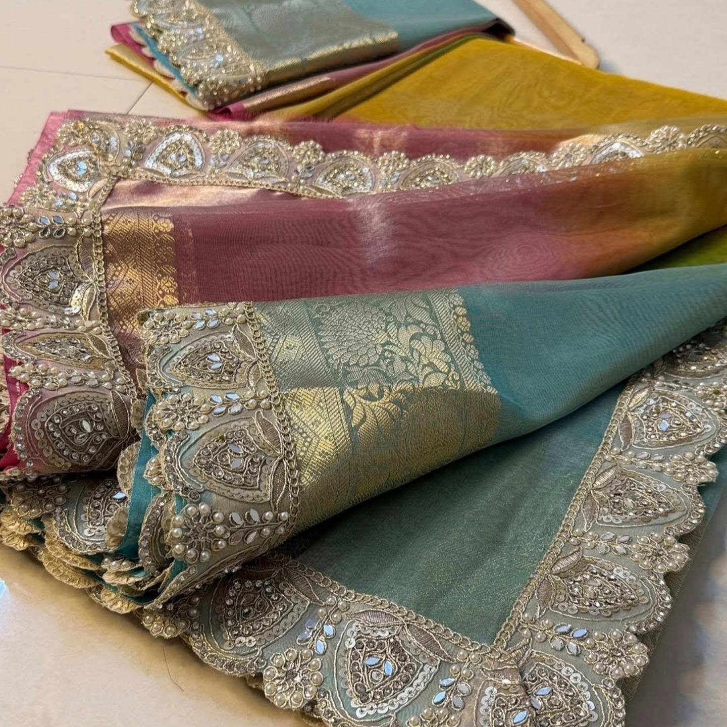 Bridal Colorful Tissue Saree with Stone Work