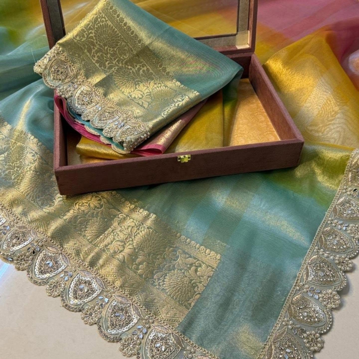 Bridal Colorful Tissue Saree with Stone Work