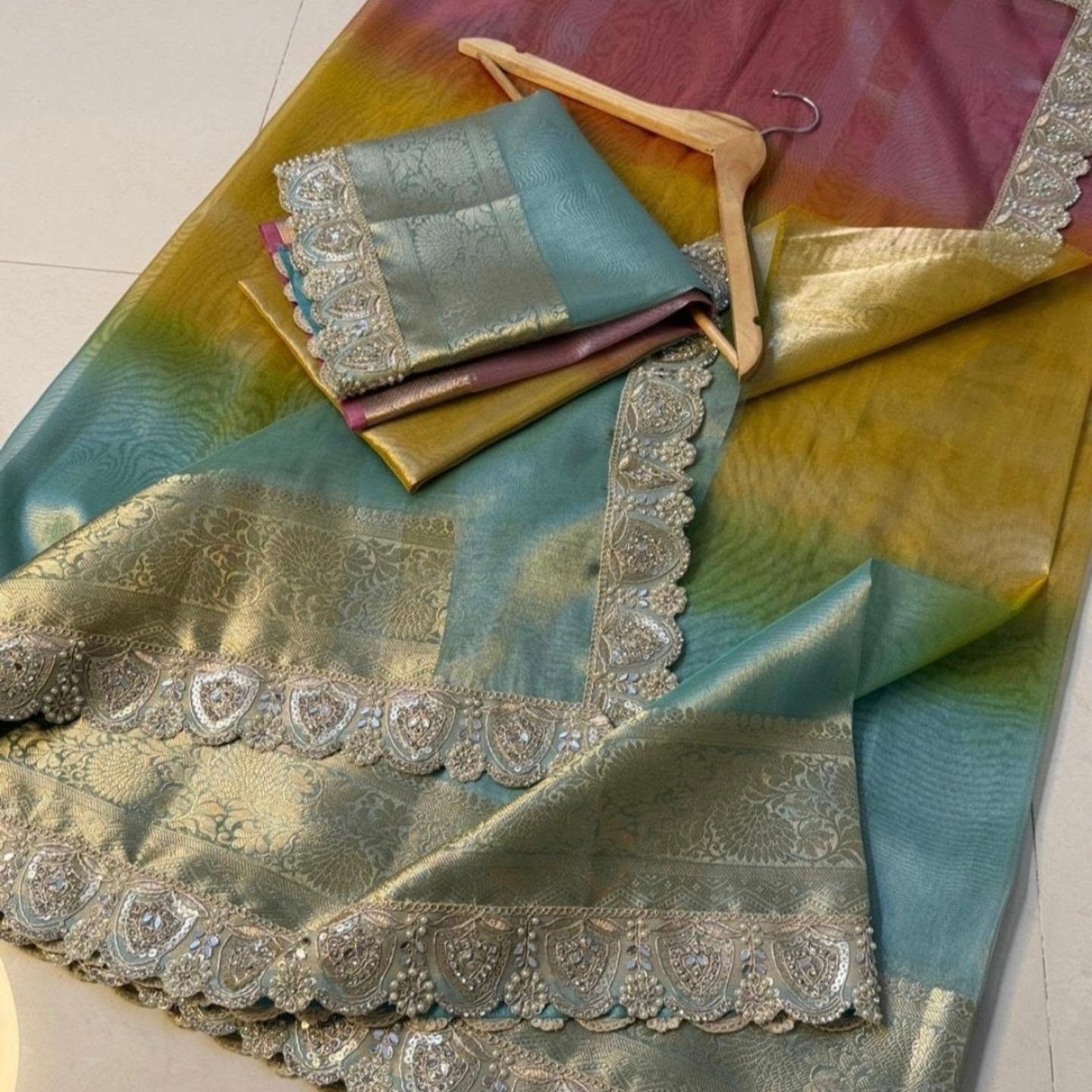 Bridal Colorful Tissue Saree with Stone Work
