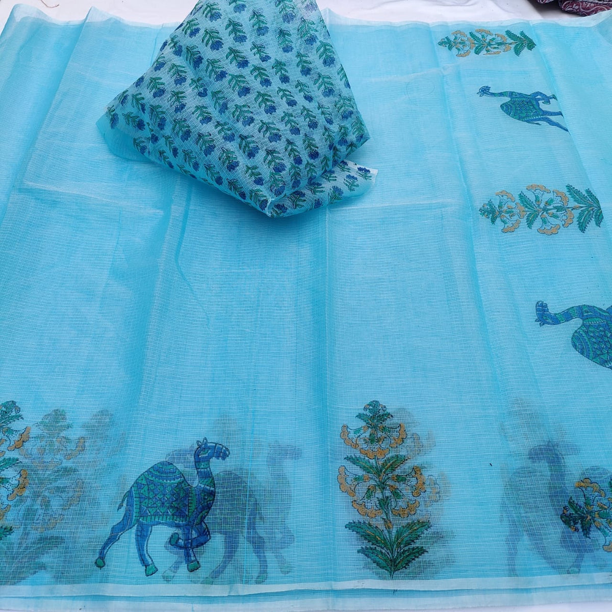 Kota Doria Mix Cotton Hand Block Printed Saree
