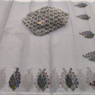 Kota Doria Mix Cotton Hand Block Printed Saree