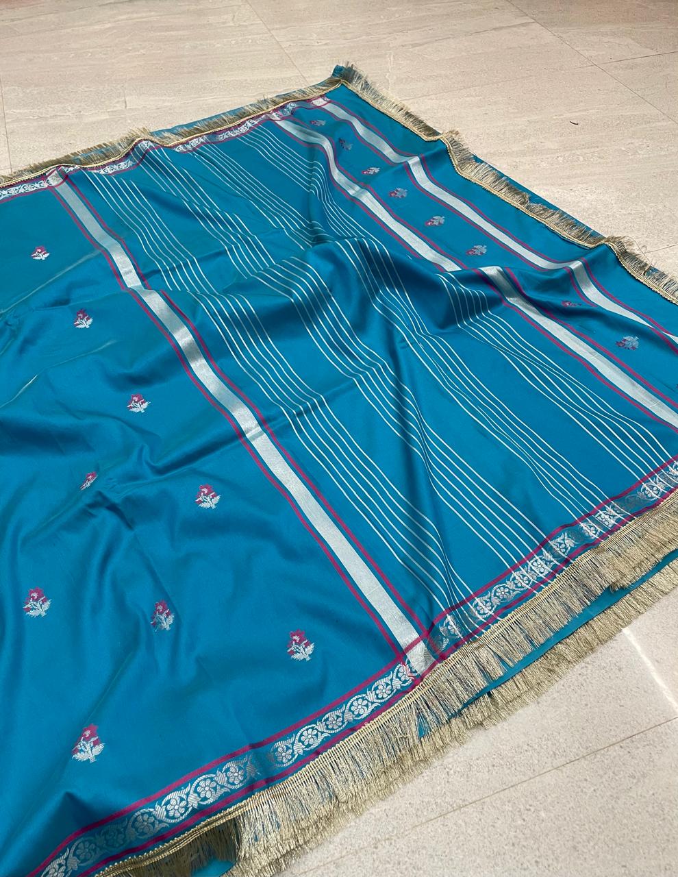 Katan Alfi Buti Saree with Lace Work