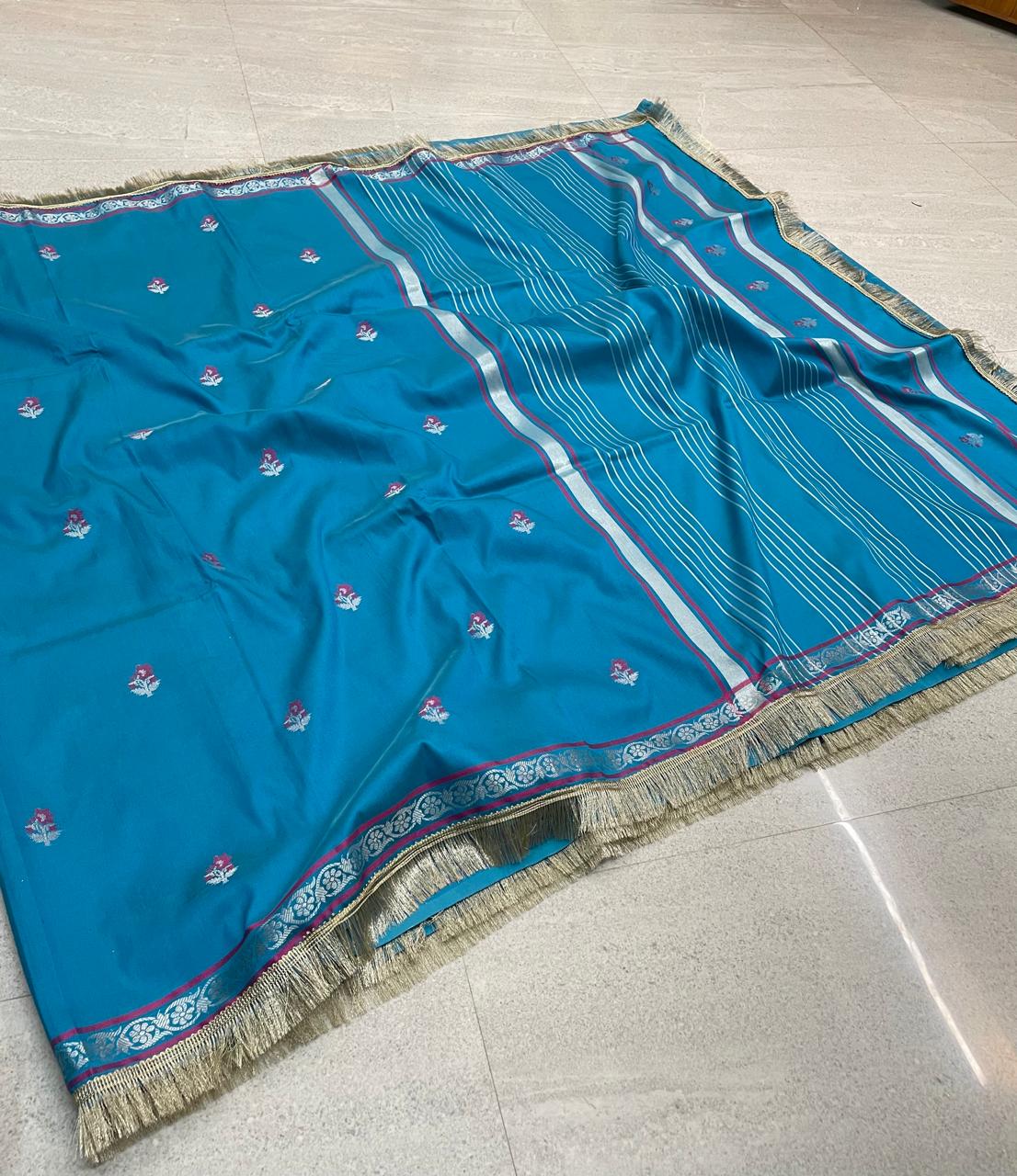 Katan Alfi Buti Saree with Lace Work