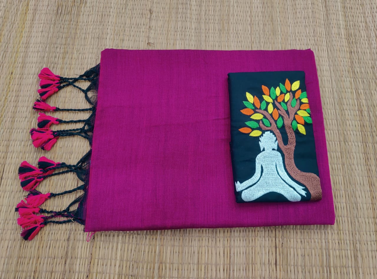 Plain cotton saree with embroidered blouse piece
