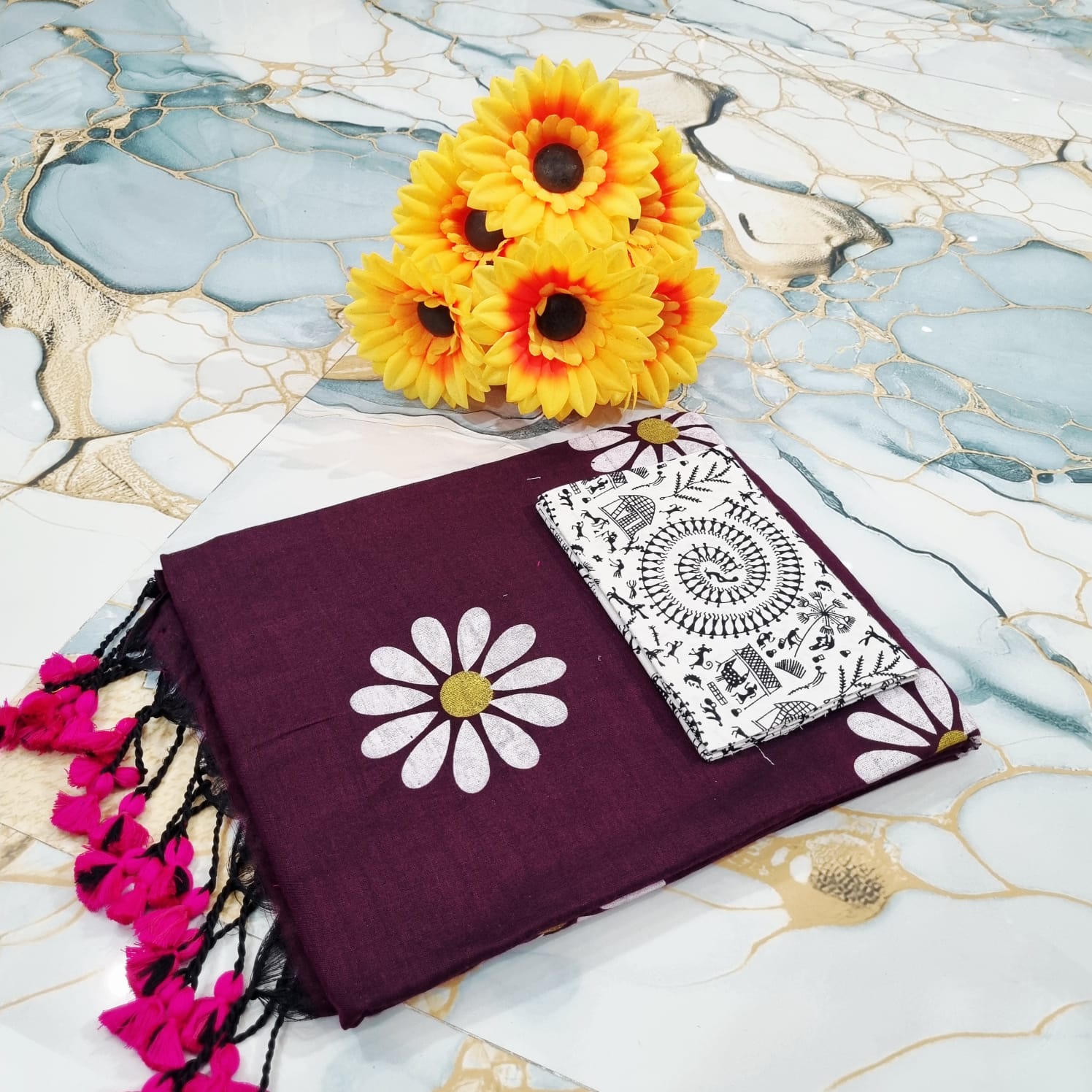 Sunflower Hand Print Saree