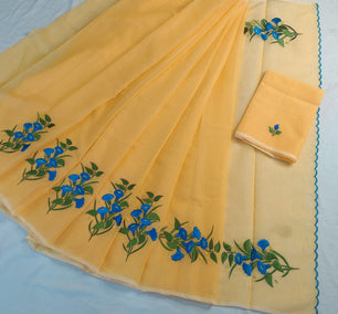 Kota Doria Saree with Hand Machine Embroidery Work