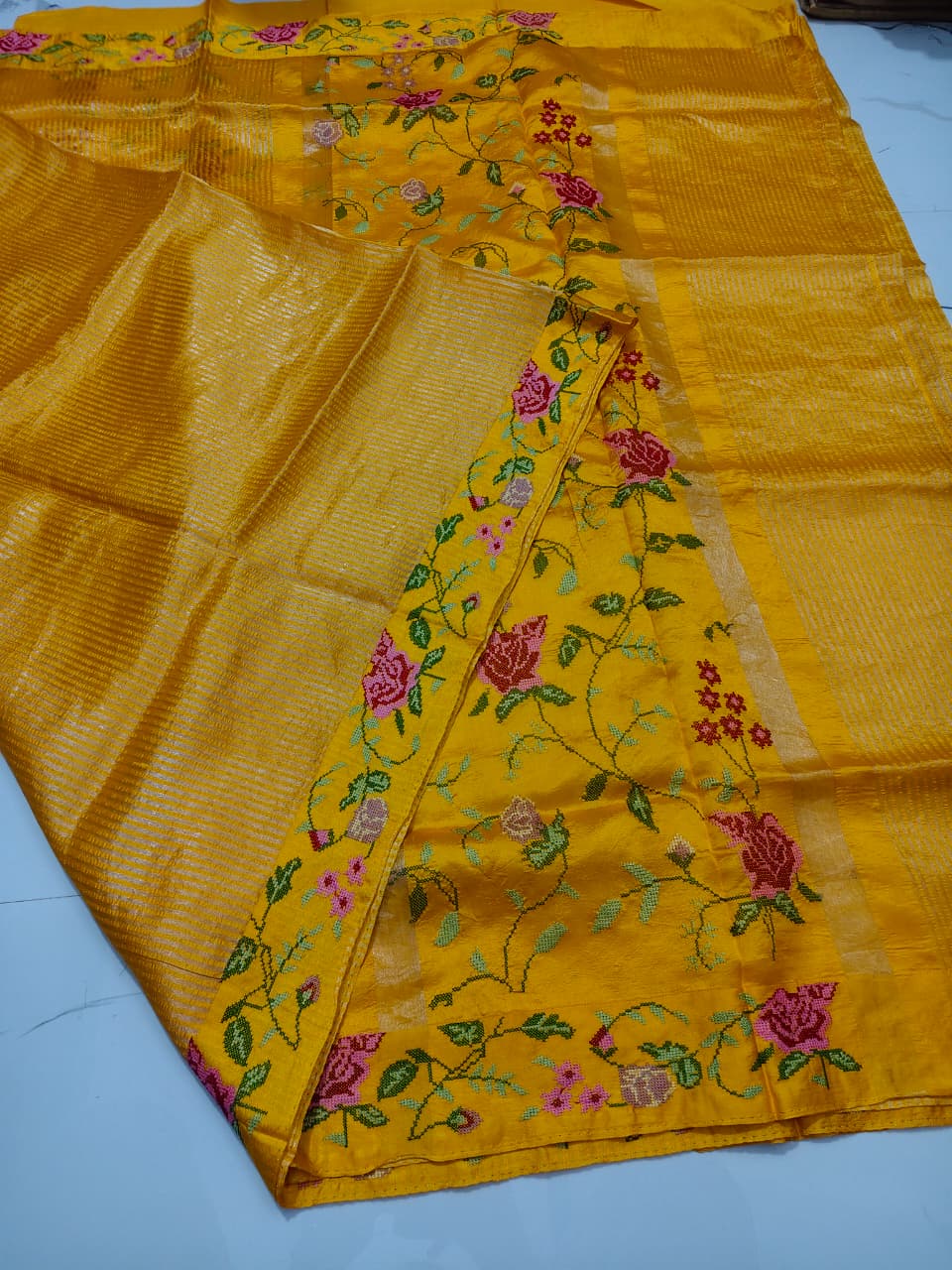 Tissue Stripe Saree with Embroidery Work