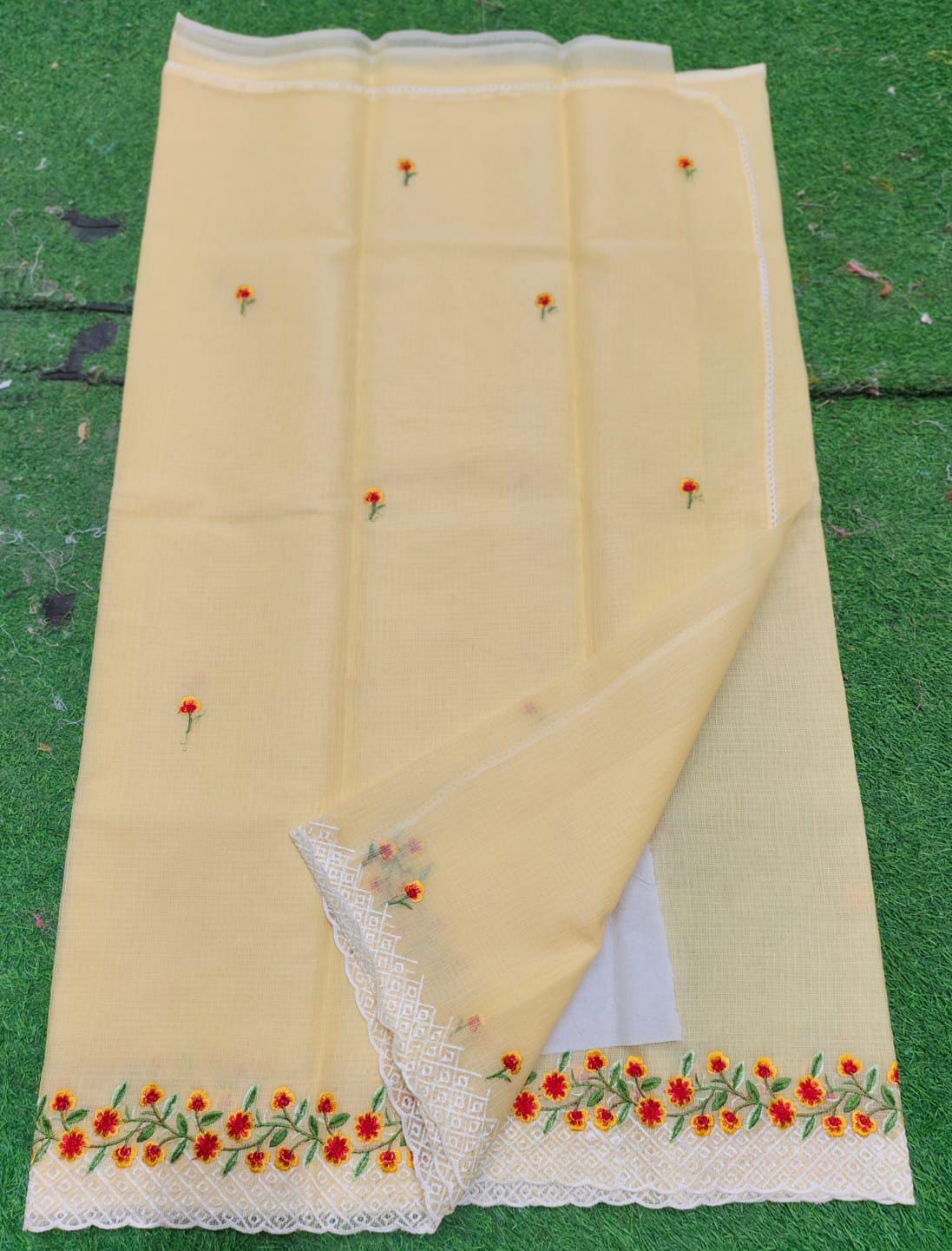 Kota Cotton Embroidery Cut & Lace Work Saree