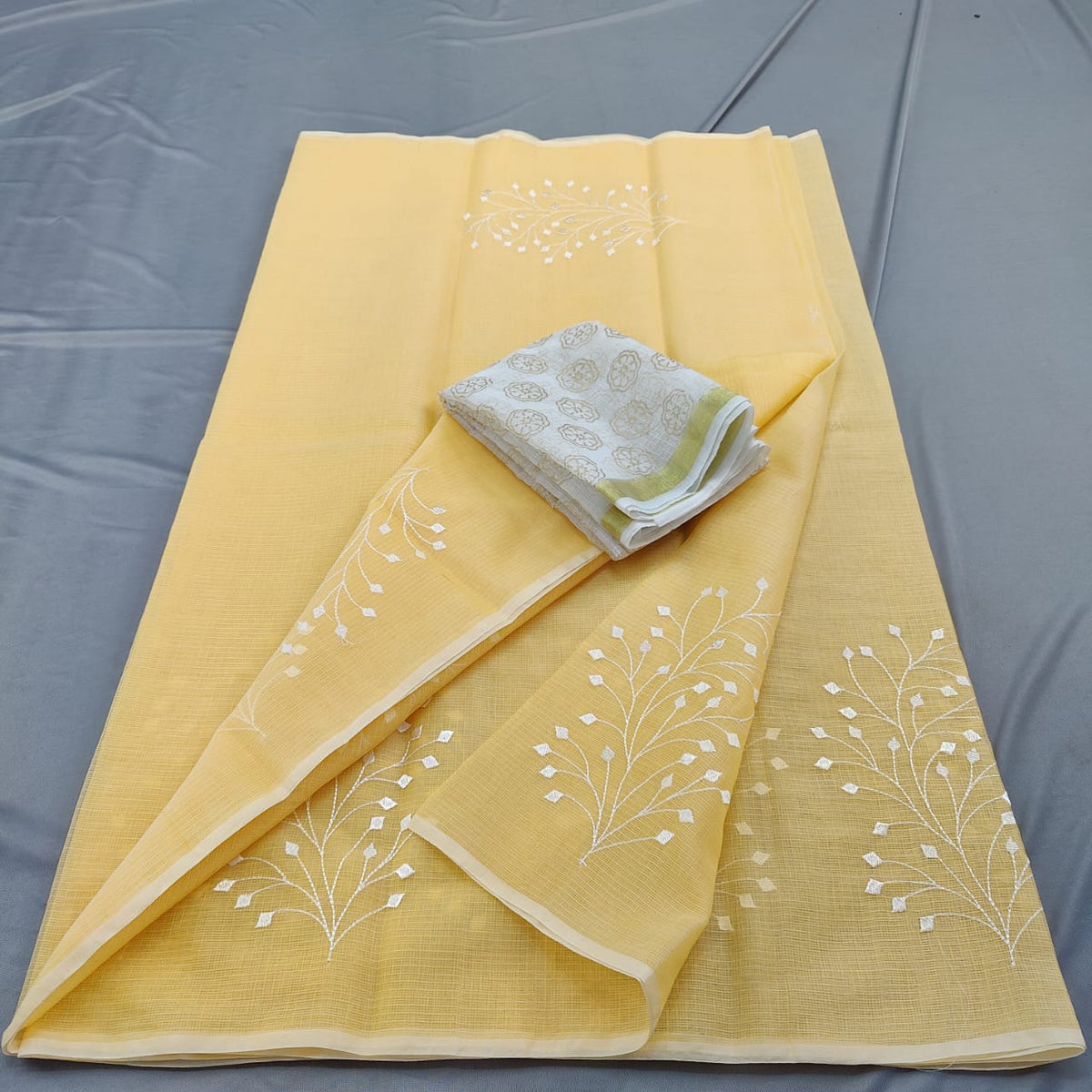 Kota Doria Mix Cotton Saree with Hand Machine Embroidery